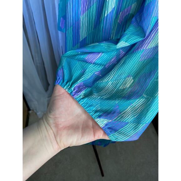 dress blouson  floral vintage 1980s micro pleat top purple aqua - Picture 5 of 12